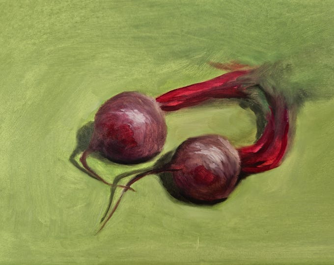 Original Oil Painting Still Life – Beets on Green Background, 9x12 Panel Art