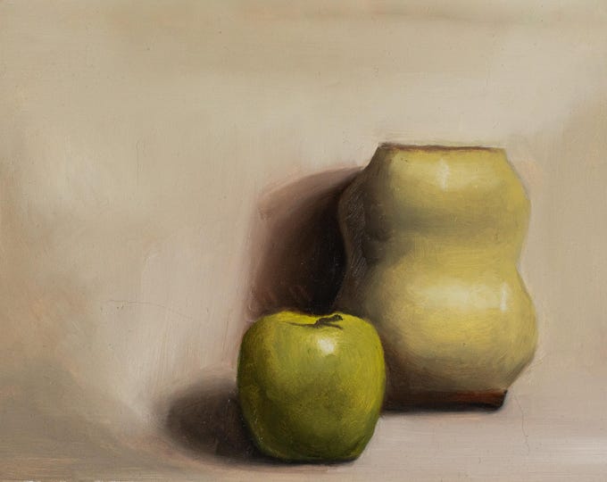 Original Oil Painting 11x14 – Realistic Green Apple Ceramic Vase Still Life