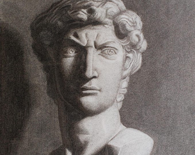 Original Charcoal Bust Study – Renaissance Sculpture Drawing 16x20, Atelier Fine Art