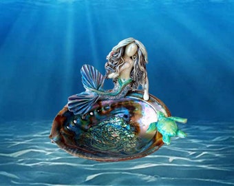 Mother of pearl mermaid and sea turtle on Abalone shell