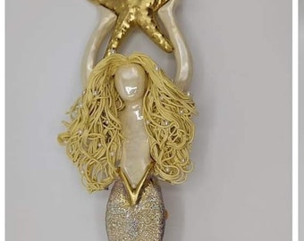 Golden Blonde Mermaid Tree Topper with Golden Sea Star