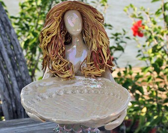 Mermaid on Lightening Whelk shell Soap Dish Ring Holder.