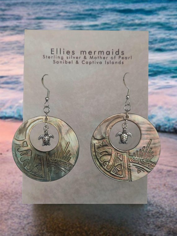 Sterling silver hand carved mother of pearl sea turtle earrings