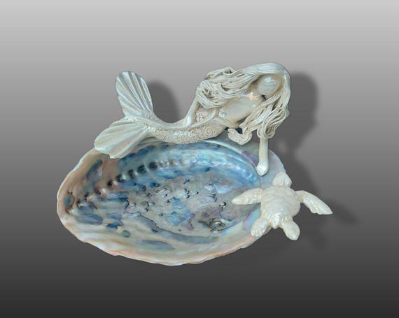 Mother of pearl Mermaid and sea turtle sitting upon an Abalone shell