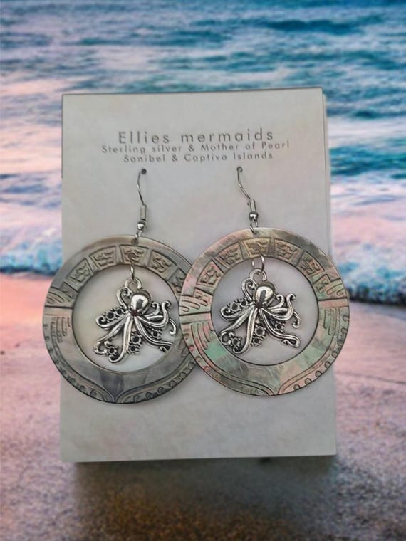 Sterling silver hand carved mother of pearl octopus earrings