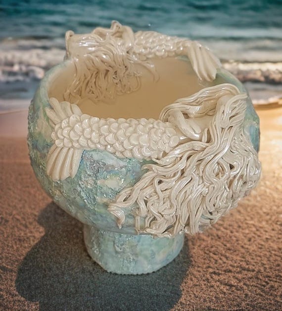 Handsculpted Mermaid Bowl: Ocean-Inspired Clay Art (6x6x7)