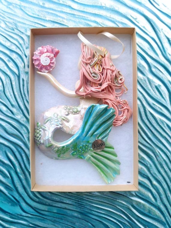 Mother of pearl, coral colored hair mermaid ornament