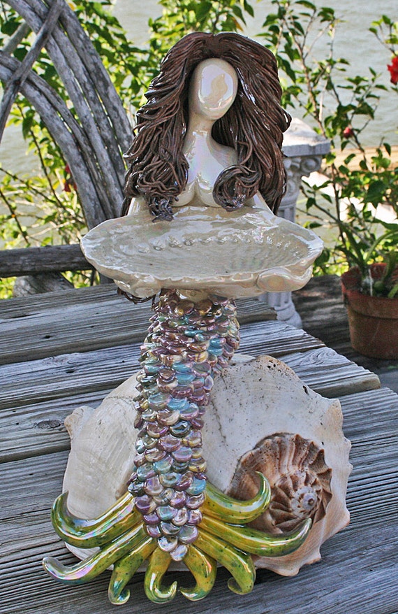 Mermaid on Lightening Whelk shell Soap Dish Ring Holder.