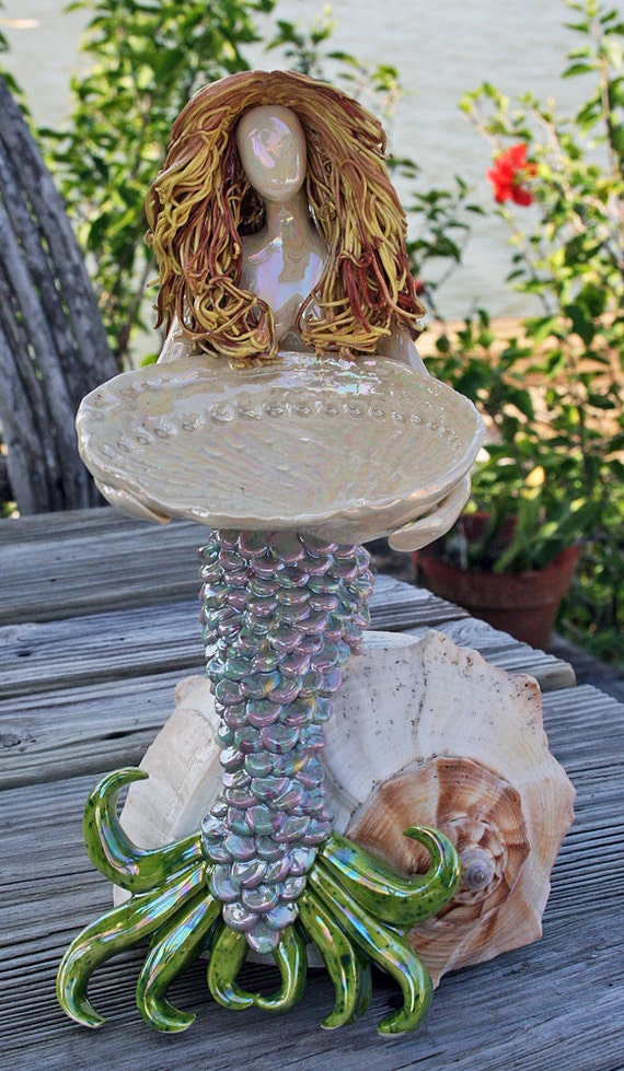 Mermaid on Lightening Whelk shell Soap Dish Ring Holder.