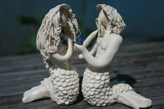 Mermaid and Merman Wedding Cake Topper with saphire gift