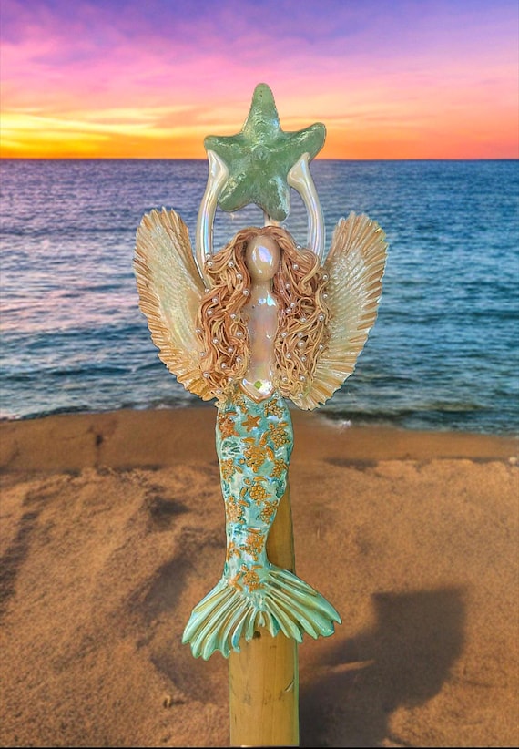 Golden haired Angel Mermaid tree topper with Sea turtles