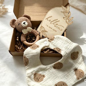 May include: A brown crocheted bear rattle with a wooden ring, a cream-coloured bib with a brown bear pattern, and a wooden arch-shaped plaque engraved with the text hello I'M NEW HERE, all presented inside a brown cardboard gift box.