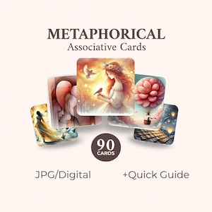 Puede incluir: Un conjunto de cartas asociativas metafóricas cuadradas, con ilustraciones en acuarela. Las cartas muestran varias escenas, incluyendo una mujer con un pájaro, un globo aerostático y una mujer con un vestido. El conjunto incluye 90 cartas y una guía rápida.