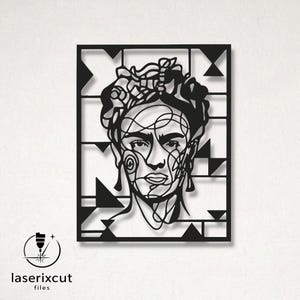 May include: Black laser-cut wall art depicting a stylized portrait of a woman with a floral headpiece. The artwork is set against a geometric background. The text "laserixcut files" is in the lower left corner.