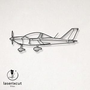 May include: A black metal wall art piece shaped like a single-engine airplane in profile. The design features a propeller, a cockpit canopy, landing gear, and a tail fin. In the bottom left corner, there is a circular logo with the text laserixcut files.