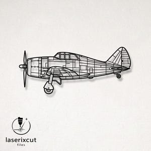 May include: A black metal wall art piece shaped like a vintage propeller airplane in profile view, featuring detailed panel lines and a three-blade propeller. The logo for laserixcut files is visible in the bottom left corner of the image.
