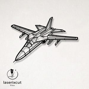 May include: Black laser-cut metal fighter jet silhouette. The artwork features detailed wings, tail, and cockpit. The image includes the text "laserixcut files" and a logo.