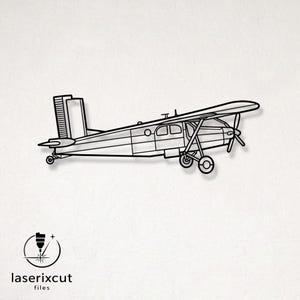 May include: A black line art silhouette of a single-engine propeller airplane shown in profile. The design features a high-wing configuration, landing gear, and a propeller at the front. The text laserixcut files appears in the bottom left corner.