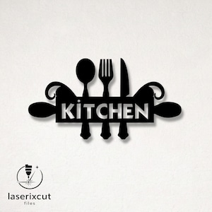 May include: Black metal kitchen sign with the word "KITCHEN" and a spoon, fork, and knife design. The sign also includes a rolling pin design and the text "laserixcut files".