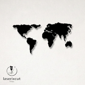 May include: Black world map wall art. The map is a silhouette of the continents, including North and South America, Europe, Africa, Asia, and Australia. The image also includes the text "laserixcut files".