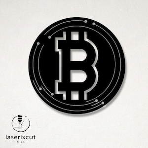 May include: Black Bitcoin symbol cut from a solid material. The design features the Bitcoin "B" within a circle, with a decorative line and dot pattern. The logo for "laserixcut files" is in the lower left corner.