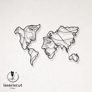 May include: Black metal wall art depicting a world map with abstract face designs. The continents are outlined with continuous lines, creating a modern, minimalist aesthetic. The logo "laserixcut files" is in the bottom left corner.