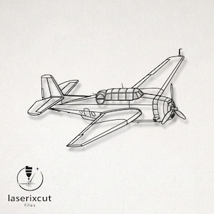 May include: A black metal airplane cutout with detailed wings, a propeller, and a cockpit. The design is a side view of a vintage aircraft. The logo "laserixcut files" is in the lower left corner.