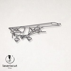 May include: A black line art silhouette of a high-wing light aircraft featuring a propeller, landing gear, and structural wing struts. The design is presented as a flat vector graphic, accompanied by a circular logo with the text laserixcut files.