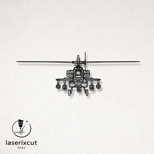 Puede incluir: Arte de pared de helicóptero de metal negro. El diseño presenta un contorno detallado de un helicóptero con rotores y armamento. El texto "laserixcut files" es visible en la esquina inferior izquierda. Adecuado para la decoración del hogar.