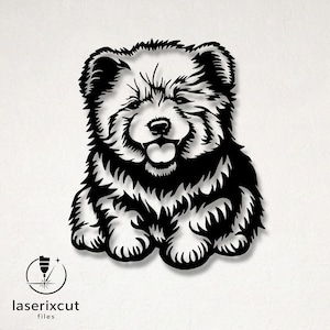 May include: Black and white laser-cut metal art of a Chow Chow dog. The dog is depicted sitting with its tongue out, and the image has a detailed, textured appearance. The logo "laserixcut files" is in the lower left corner.