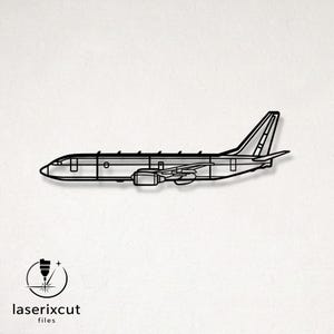 Könnte beinhalten: Eine schwarze Linienkunst-Silhouette eines Verkehrsflugzeugs in Seitenansicht, bestehend aus Rumpf, Flügeln, Leitwerk und Triebwerk. Das Design enthält ein kreisförmiges Logo in der unteren linken Ecke mit dem Text laserixcut files darunter.