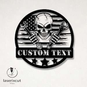 Aanpasbare VS vlag schedel monteur gereedschap SVG lasergesneden bestand – Glowforge, Cricut, CNC, garage Decor, patriottische muurkunst, digitale download