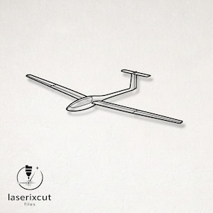 May include: A black and white line art illustration of a glider aircraft with long, slender wings and a T-tail configuration. The design features a sleek fuselage and a clear cockpit canopy. The text laserixcut files appears in the bottom left corner.