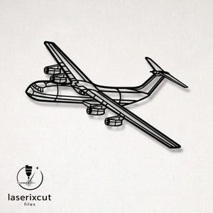 May include: Black metal airplane wall art. The aircraft features a detailed outline of the fuselage, wings, and tail. The design includes four engines and a detailed cockpit. The logo "laserixcut files" is in the lower left corner.
