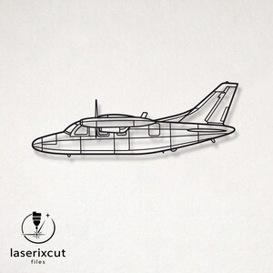 May include: A black metal wall art piece shaped as a side profile outline of a twin-engine airplane. The design features a sleek fuselage, a high-mounted wing with a propeller, and a vertical stabilizer. The text laserixcut files is below.