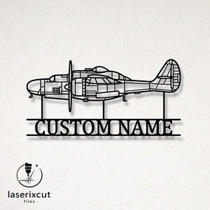 May include: A black metal wall art piece featuring a detailed silhouette of a twin-engine airplane. The aircraft is mounted above a horizontal bar that displays the text CUSTOM NAME in a bold, serif font, supported by three vertical metal rods.