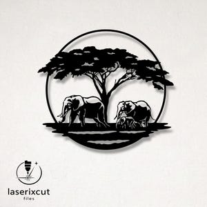 May include: Black metal wall art featuring a silhouette of a tree and a family of elephants. The design is enclosed in a circular frame. The text "laserixcut files" is in the lower left corner.