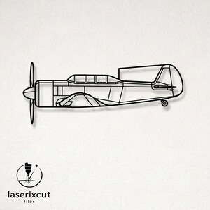 May include: A black metal wall art piece shaped like a side profile of a vintage propeller airplane. The design features a single propeller, a cockpit with windows, a tail fin, and a small landing wheel. The text laserixcut files is visible.