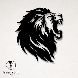 May include: Black laser-cut lion head silhouette with an open mouth, showcasing sharp teeth and a detailed mane. The image includes the text "laserixcut files" and a logo of a laser cutter.