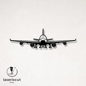 May include: A black silhouette of a wide-body commercial airplane viewed from the front, featuring four engines mounted under the wings, a vertical stabilizer, and landing gear. The text laserixcut files appears in the bottom left corner.