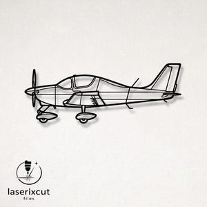 May include: A black metal wall art piece shaped as a side profile of a single-engine propeller airplane. The design features a continuous outline of the fuselage, wings, tail, and landing gear. The text laserixcut files appears in the bottom left.