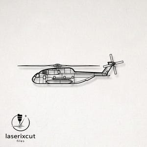May include: Black outline of a helicopter with detailed features, including the main and tail rotors, windows, and body panels. The image includes the text "laserixcut files" with a logo of a laser cutter.