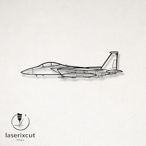 Puede incluir: Contorno metálico negro de un avión de combate, vista lateral. El avión tiene una nariz puntiaguda, alas y una aleta de cola. La imagen incluye el texto "laserixcut files" con un logotipo de corte por láser.