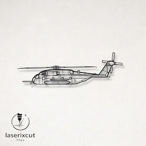 Op de afbeelding: Zwarte metalen helikopter uitgesneden met gedetailleerd ontwerp, inclusief rotors en ramen. De afbeelding bevat de tekst "laserixcut files" en een logo. De helikopter is in profiel afgebeeld tegen een witte achtergrond.