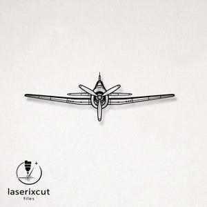 May include: Black metal airplane wall art. The artwork features a detailed outline of a propeller plane, with wings and a central propeller. The design is minimalist and modern, suitable for aviation enthusiasts. The logo "laserixcut files" is in the bottom left corner.