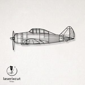 May include: A black metal wall art piece shaped like a vintage propeller airplane in profile view. The design features a detailed outline of the fuselage, wings, cockpit windows, and a three-blade propeller. The text laserixcut files is below.