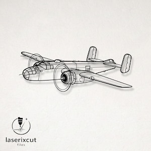 May include: Black metal airplane wall art. The artwork depicts a vintage twin-engine aircraft with propellers, wings, and tail fins. The design is a line drawing style, with the text "laserixcut files" and a logo in the lower left corner.