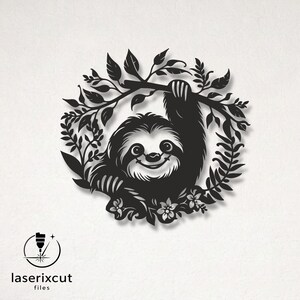 May include: Black laser-cut sloth design hanging from a branch, surrounded by leaves and flowers. The sloth has a smiling face. The text "laserixcut files" is in the lower left corner.
