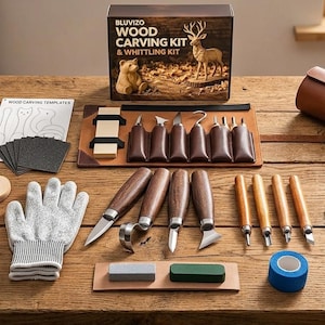 May include: A wood carving and whittling kit featuring a box labeled BLUVIZO, a brown leather tool roll, seven wooden blocks, carving knives with wooden handles, a pair of cut-resistant gloves, sharpening stones, sandpaper, and a beginner's manual.