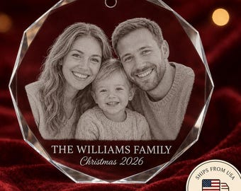 Personalized Photo Glass Christmas Ornament, Custom Family, Pet or Memorial Engraving